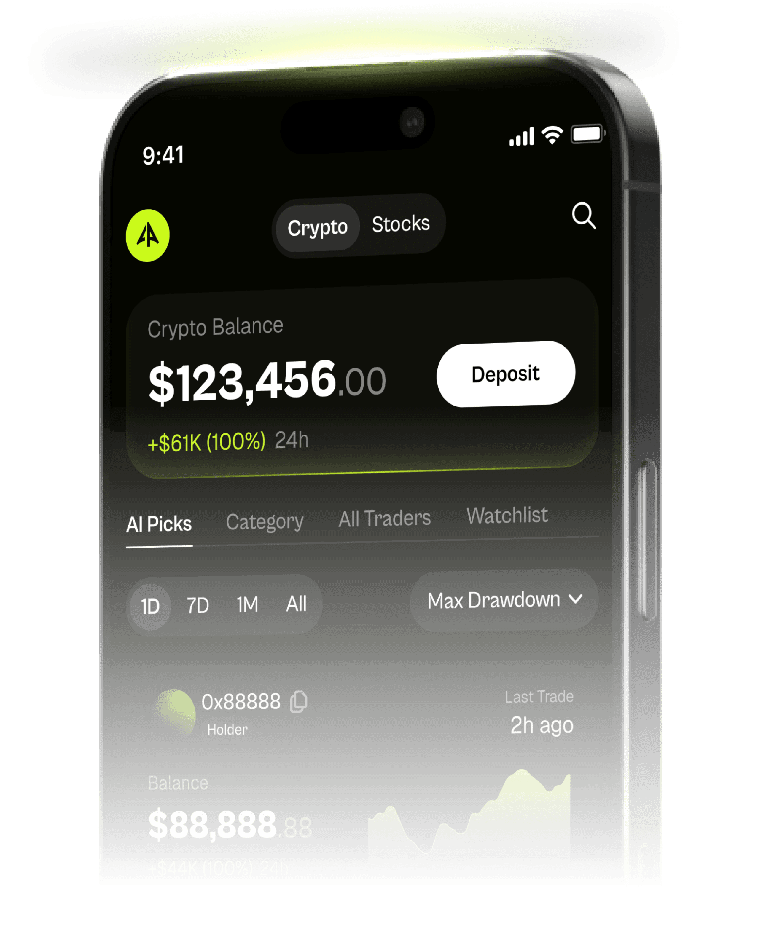 The Coinpilot app showing a crypto balance and AI-ranked traders